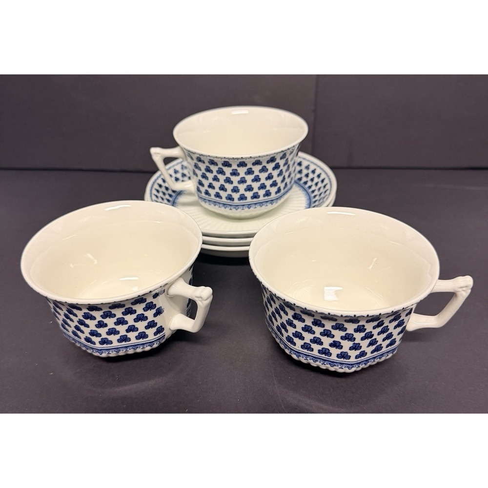 Adams Brentwood Blue Clover Leaf Ironstone Cup and Saucer Set of 3 England